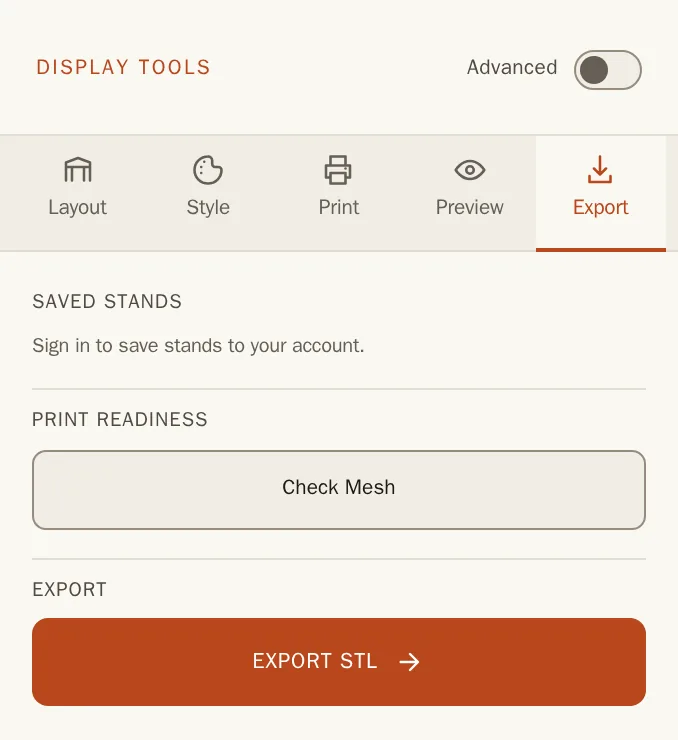 The builder's export panel with the Export STL button