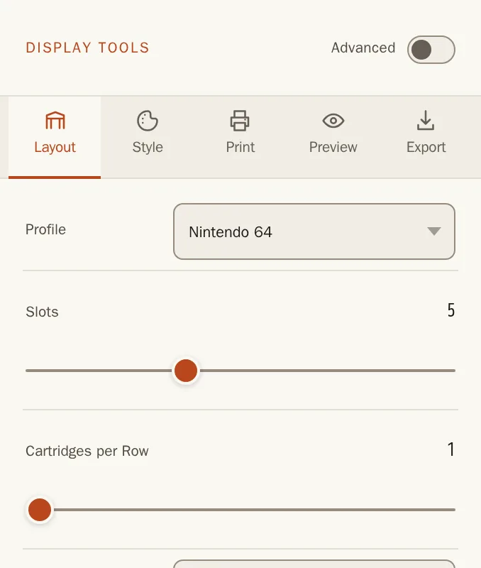 The builder's layout controls: profile, slots, cartridges per row and fit