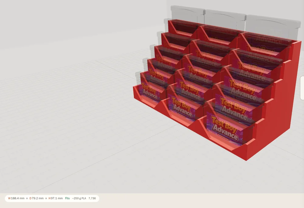 The builder's 3D preview of an eighteen-game Game Boy Advance stand, with its size and filament estimate