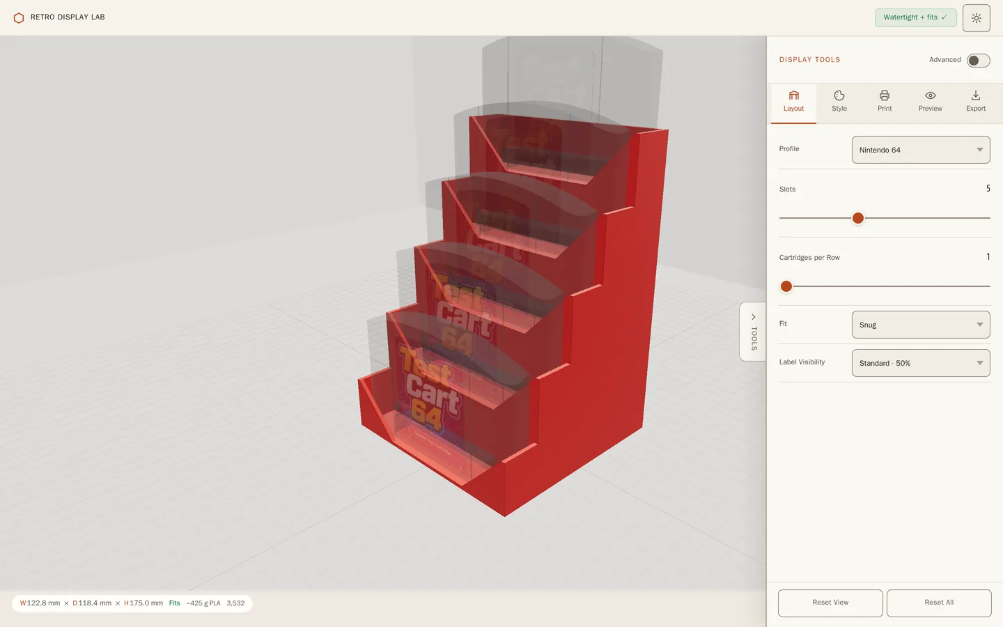 Display Builder showing a five-slot Nintendo 64 stand in 3D, with its layout controls, size and filament estimate